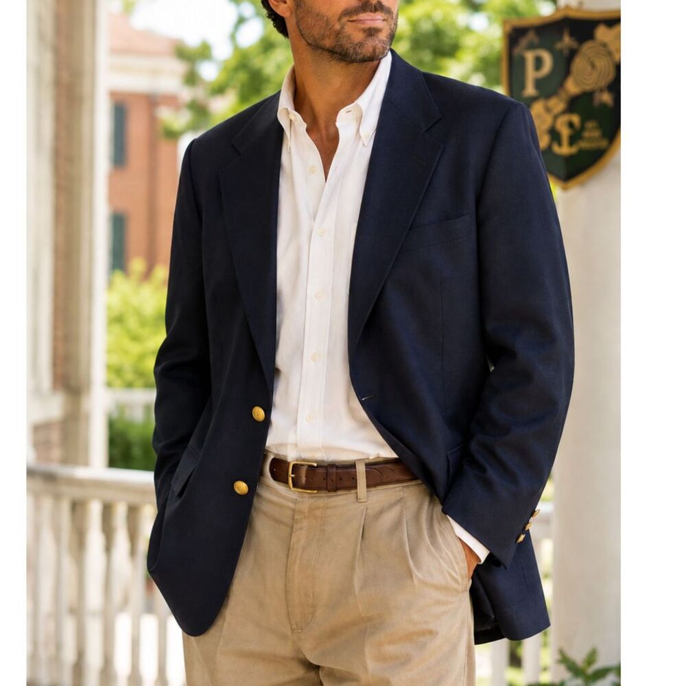 Vintage Chaps Ralph Lauren Navy Pure Wool Blazer Gold Crest Buttons Preppy 46L